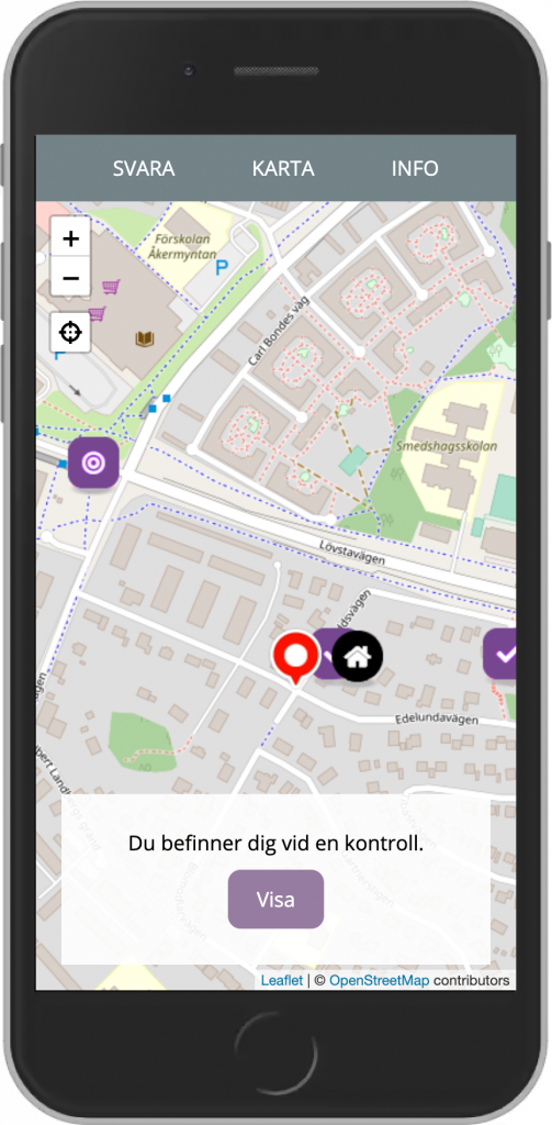 Karta i appen med din position, startplatsen och tre kontroller.